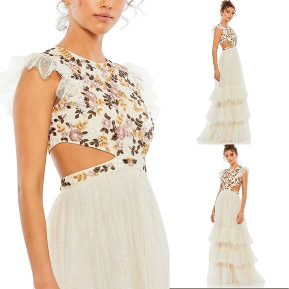 Mac Duggal Embroidered Bodice Cap Sleeve Ruffle Tiered Gown - Picture 16 of 16